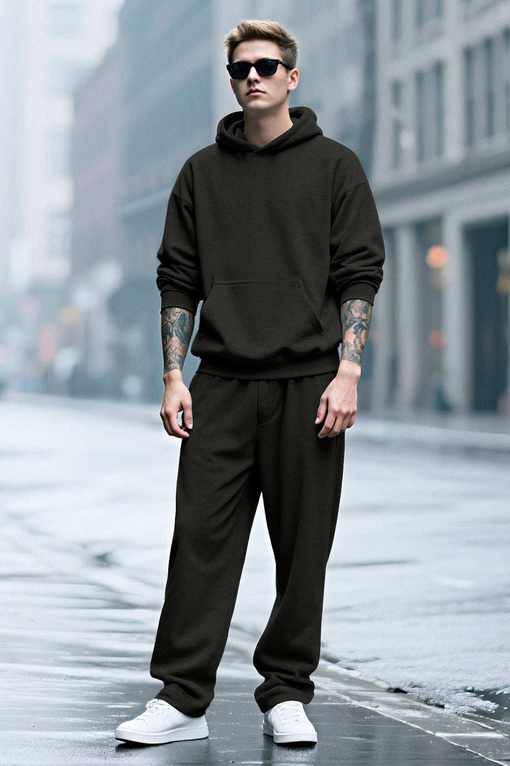 Men Pulloverl Hoodie Set - Black
