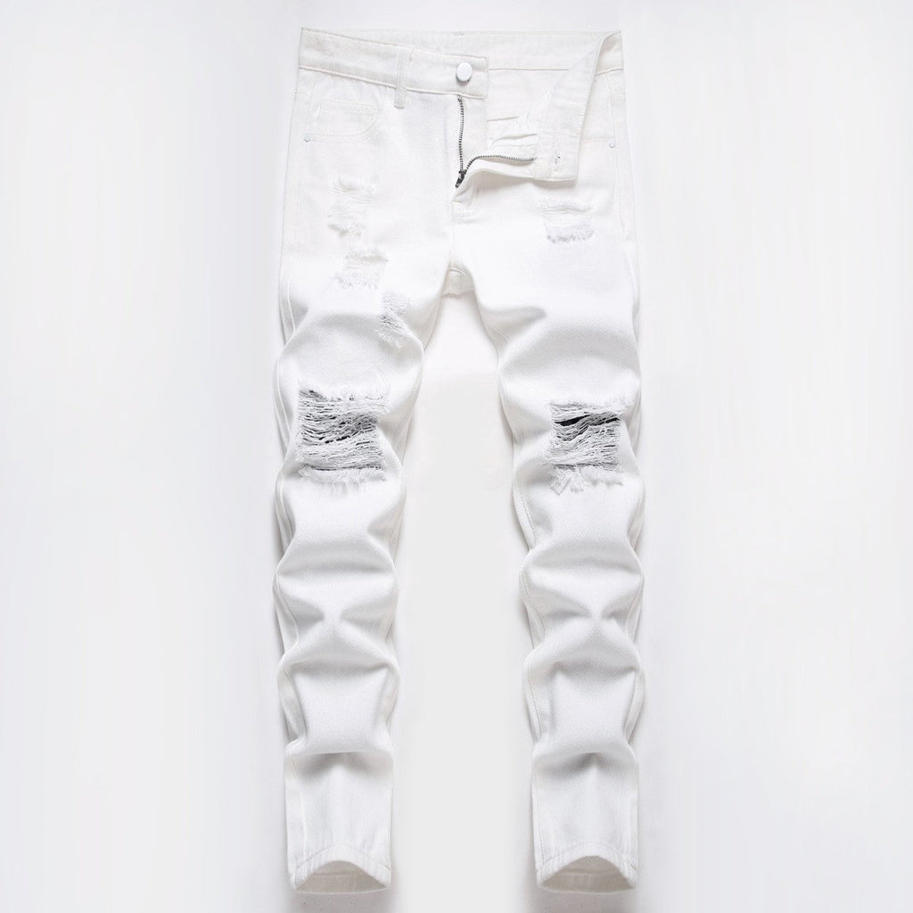 Ripped patchwork men's white jeans