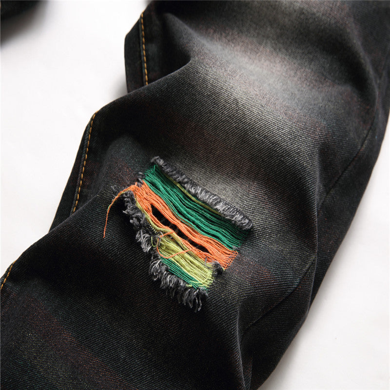 Ripped patchwork men's black jeans
