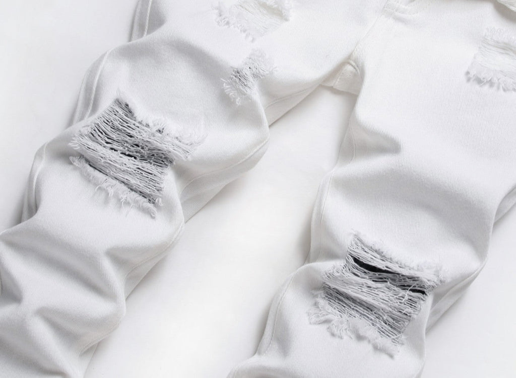 Ripped patchwork men's white jeans