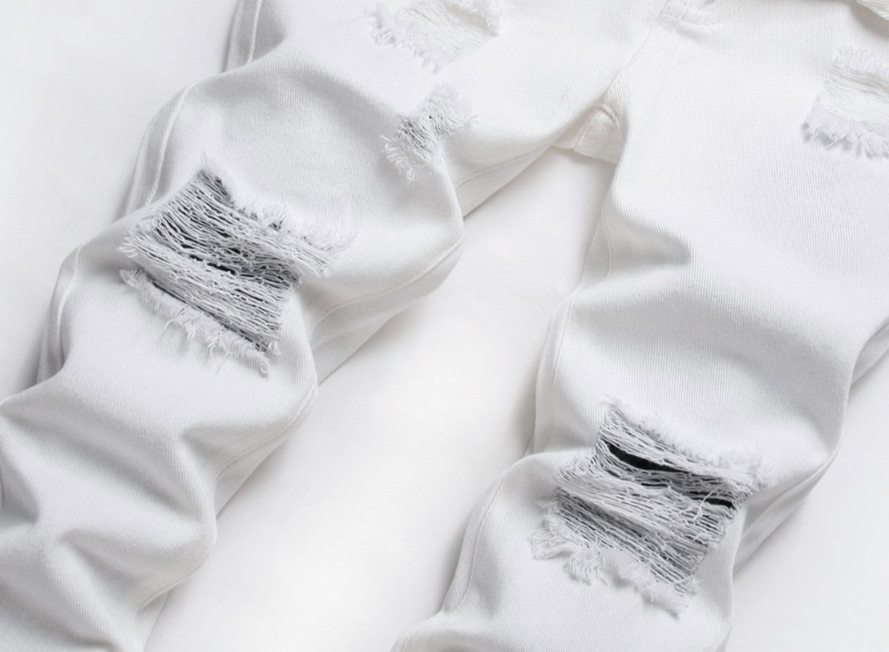 Ripped patchwork men's white jeans
