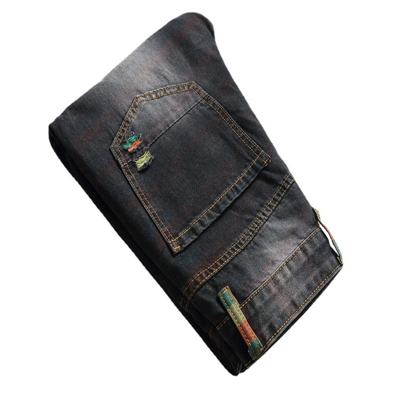 Ripped patchwork men's black jeans