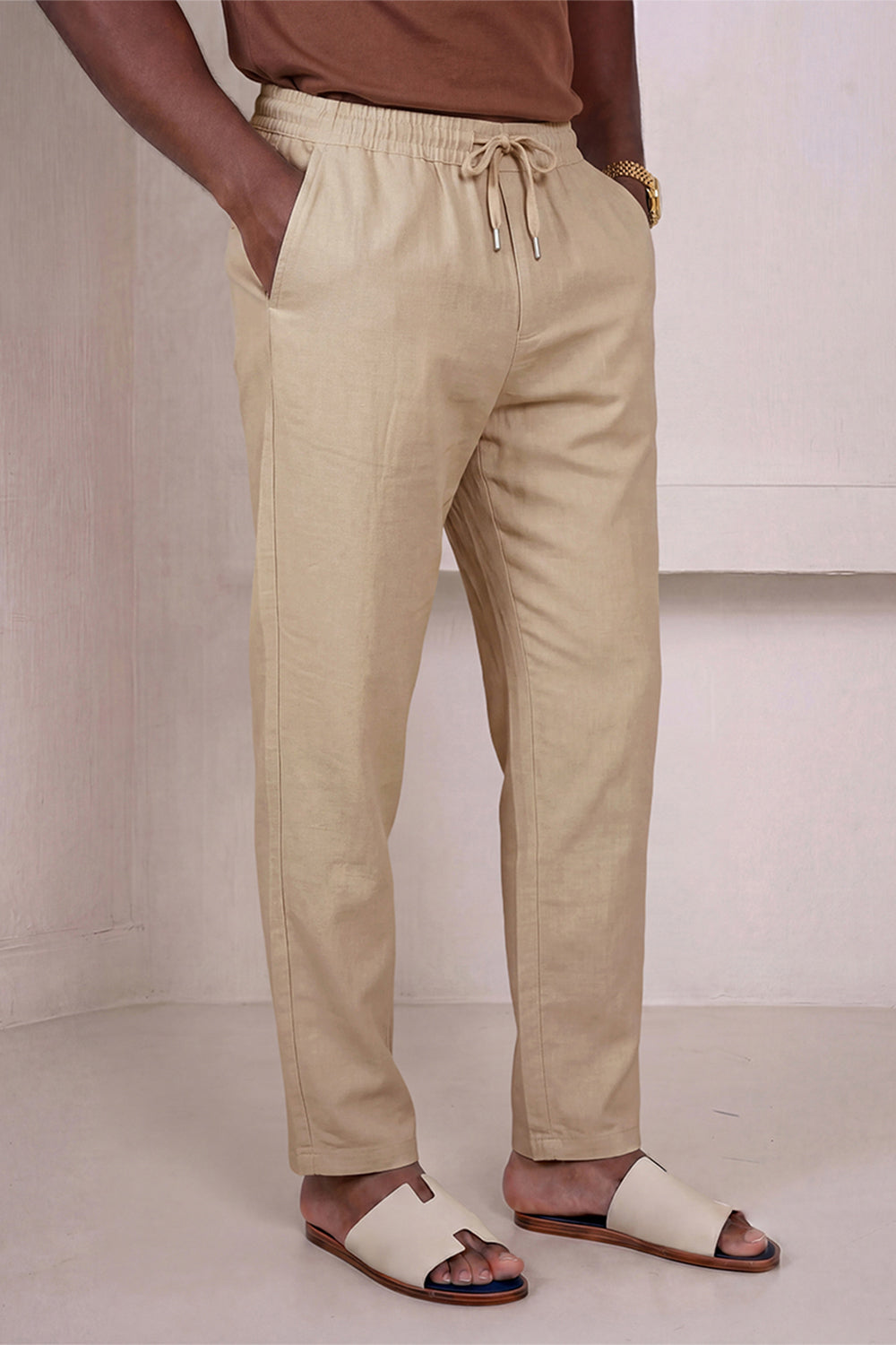 Men's Drawstring Casual Linen Pant - Khaki