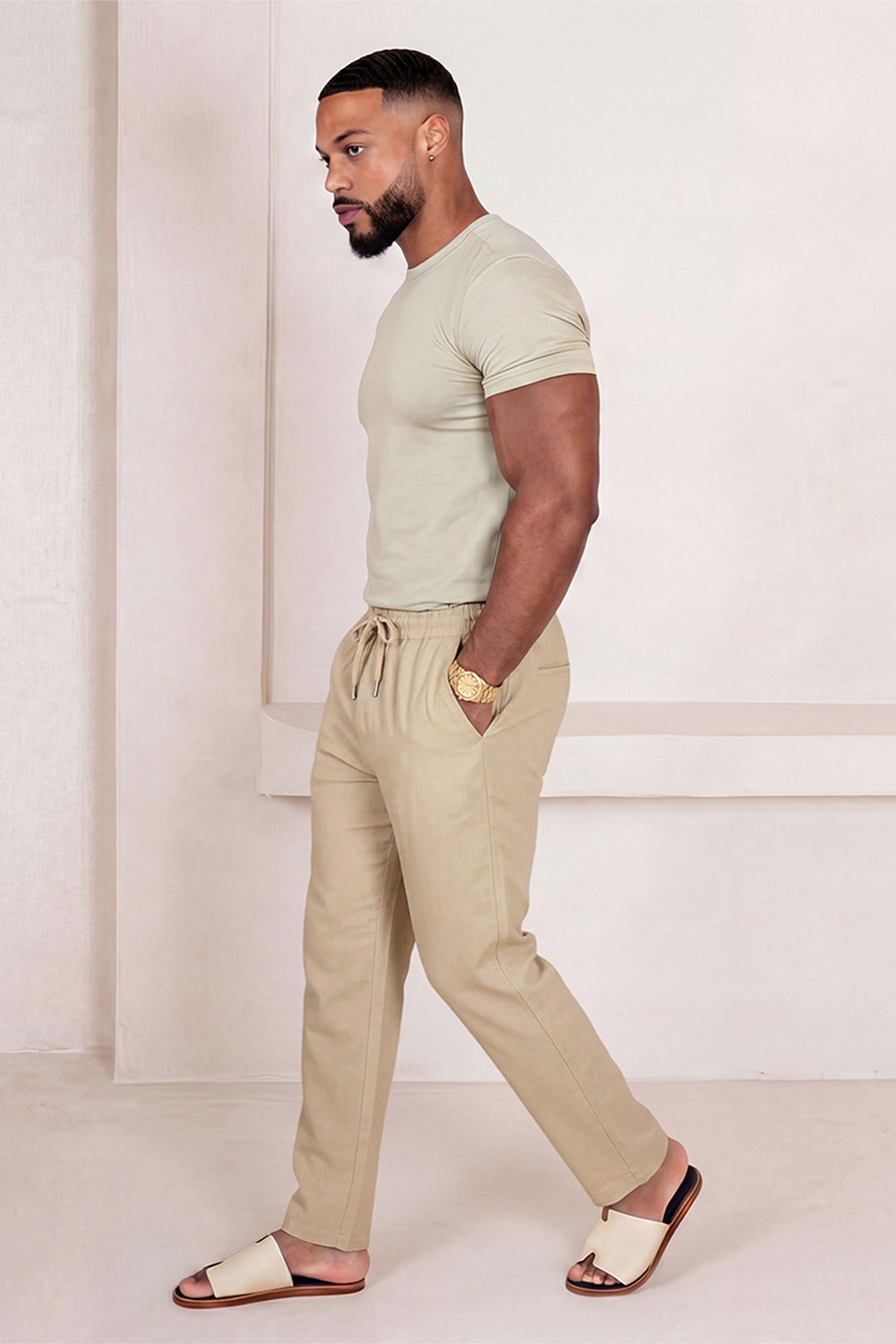 Men's Drawstring Casual Linen Pant - Khaki