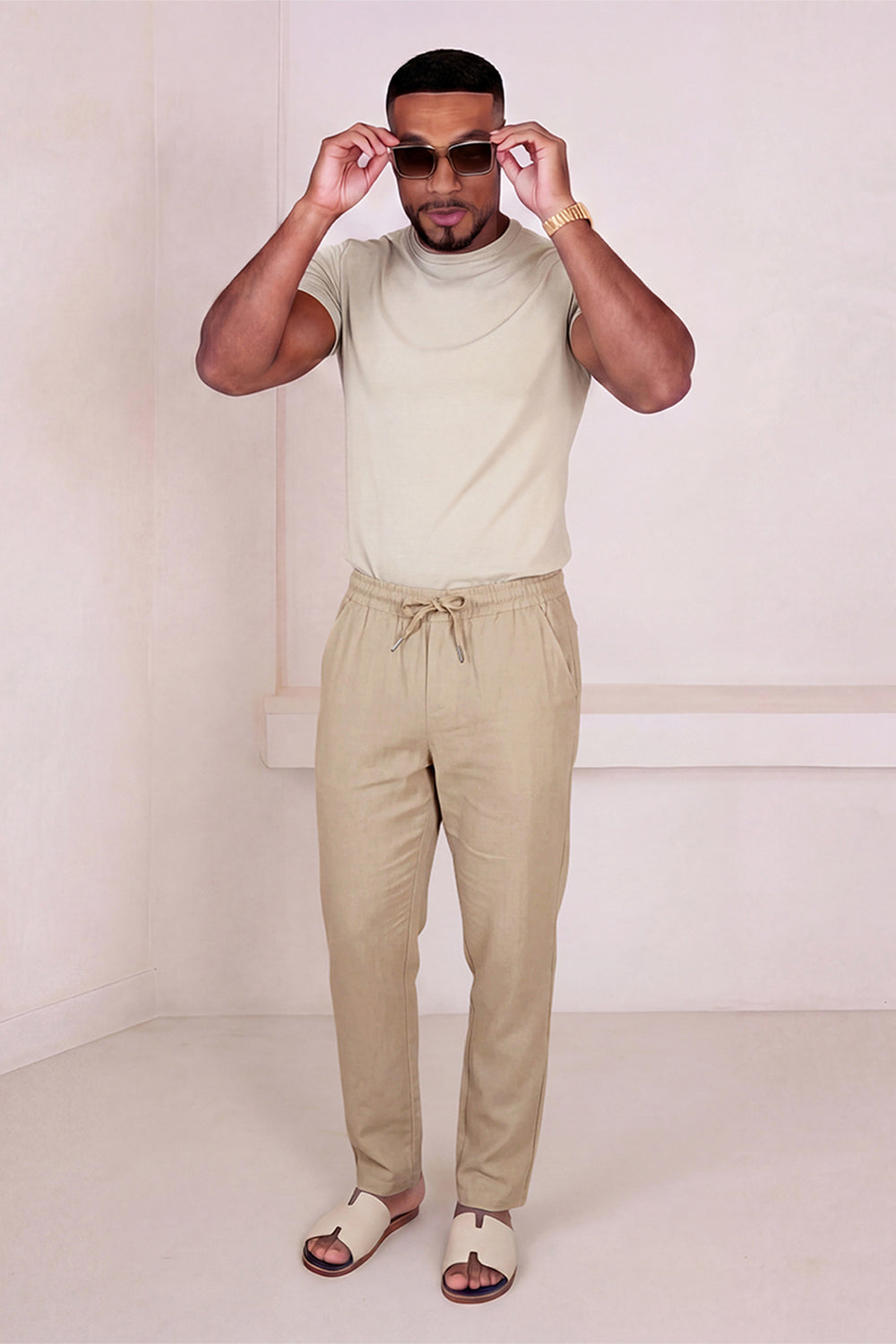 Men's Drawstring Casual Linen Pant - Khaki