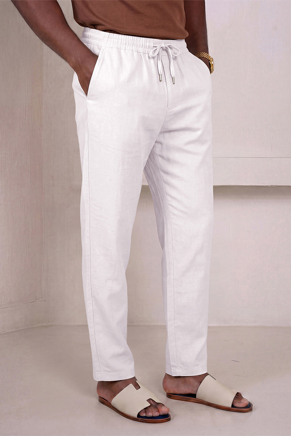 Men's Drawstring Casual Linen Pant - White