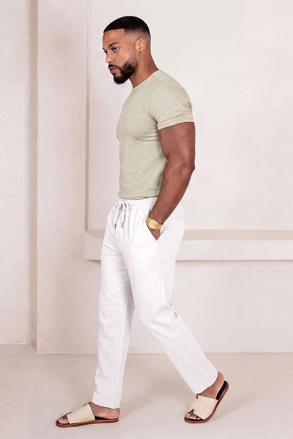 Men's Drawstring Casual Linen Pant - White