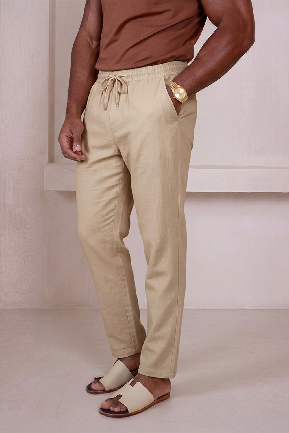 Men's Drawstring Casual Linen Pant - Khaki