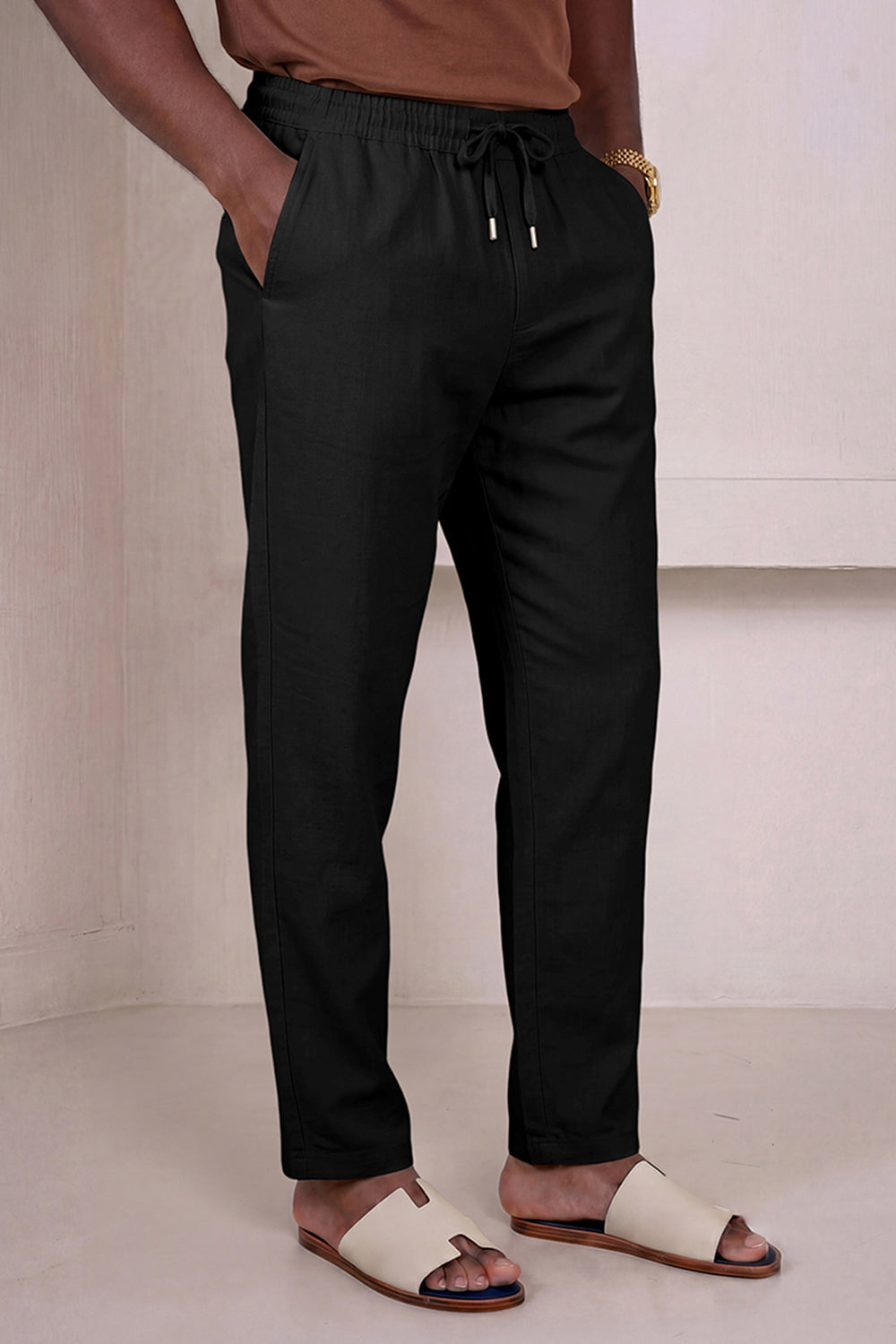 Men's Drawstring Casual Linen Pant - Black