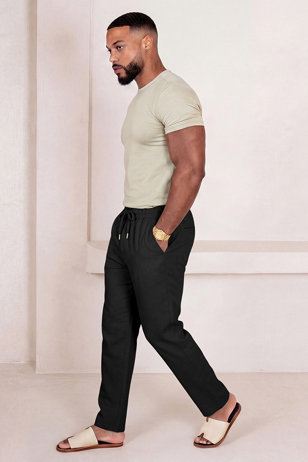 Men's Drawstring Casual Linen Pant - Black