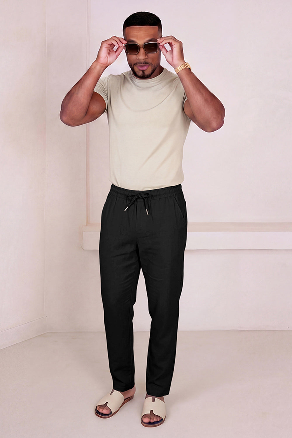 Men's Drawstring Casual Linen Pant - Black