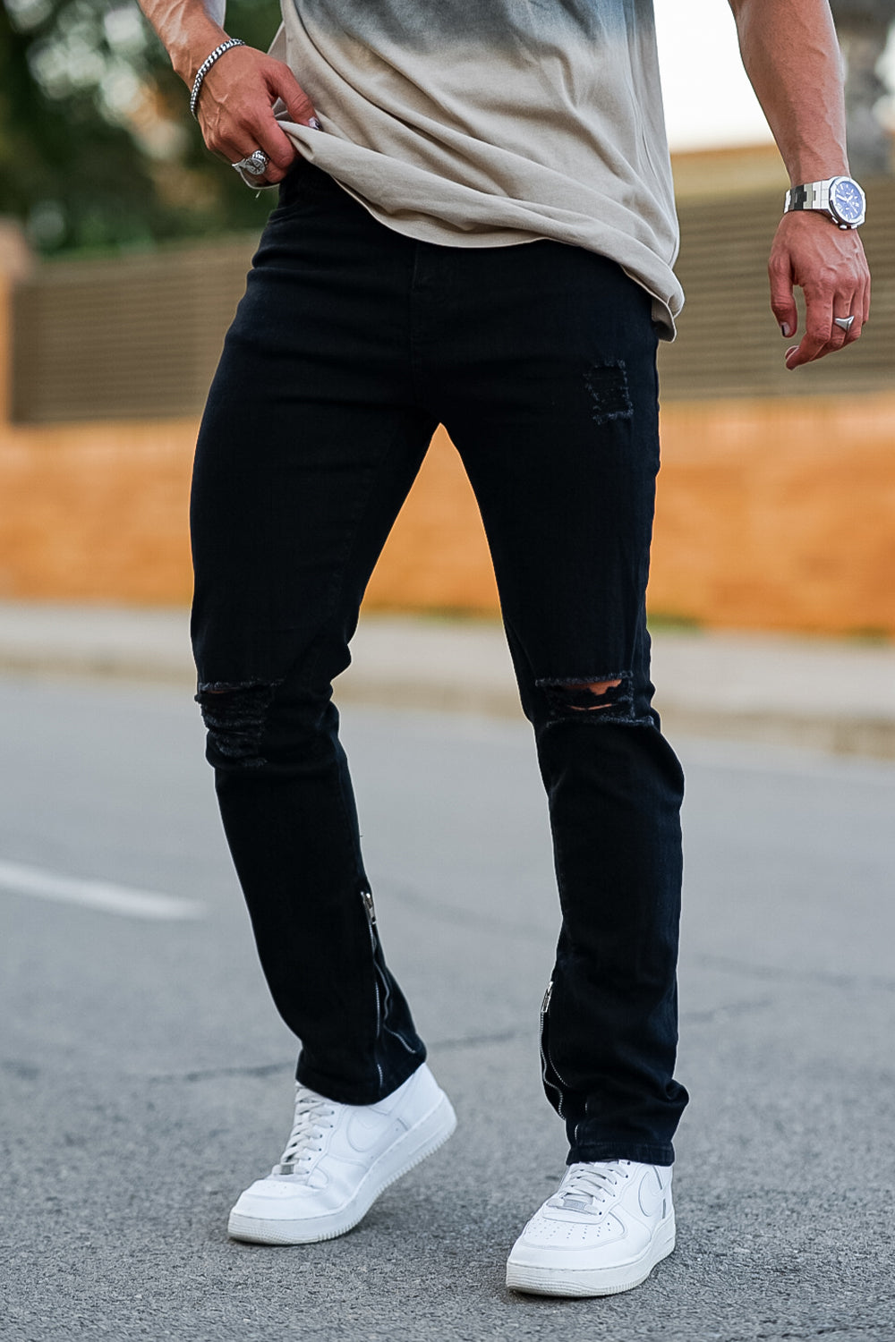 Men‘s Vintage Ripped Zip stacked jeans Stretch Jeans