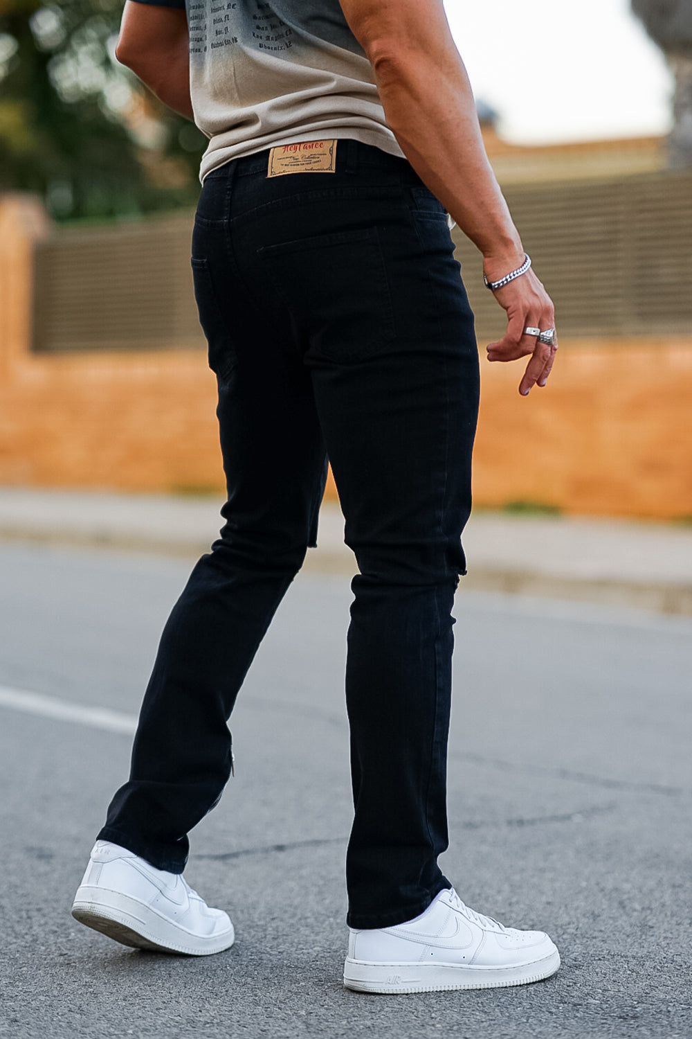 Men‘s Vintage Ripped Zip stacked jeans Stretch Jeans