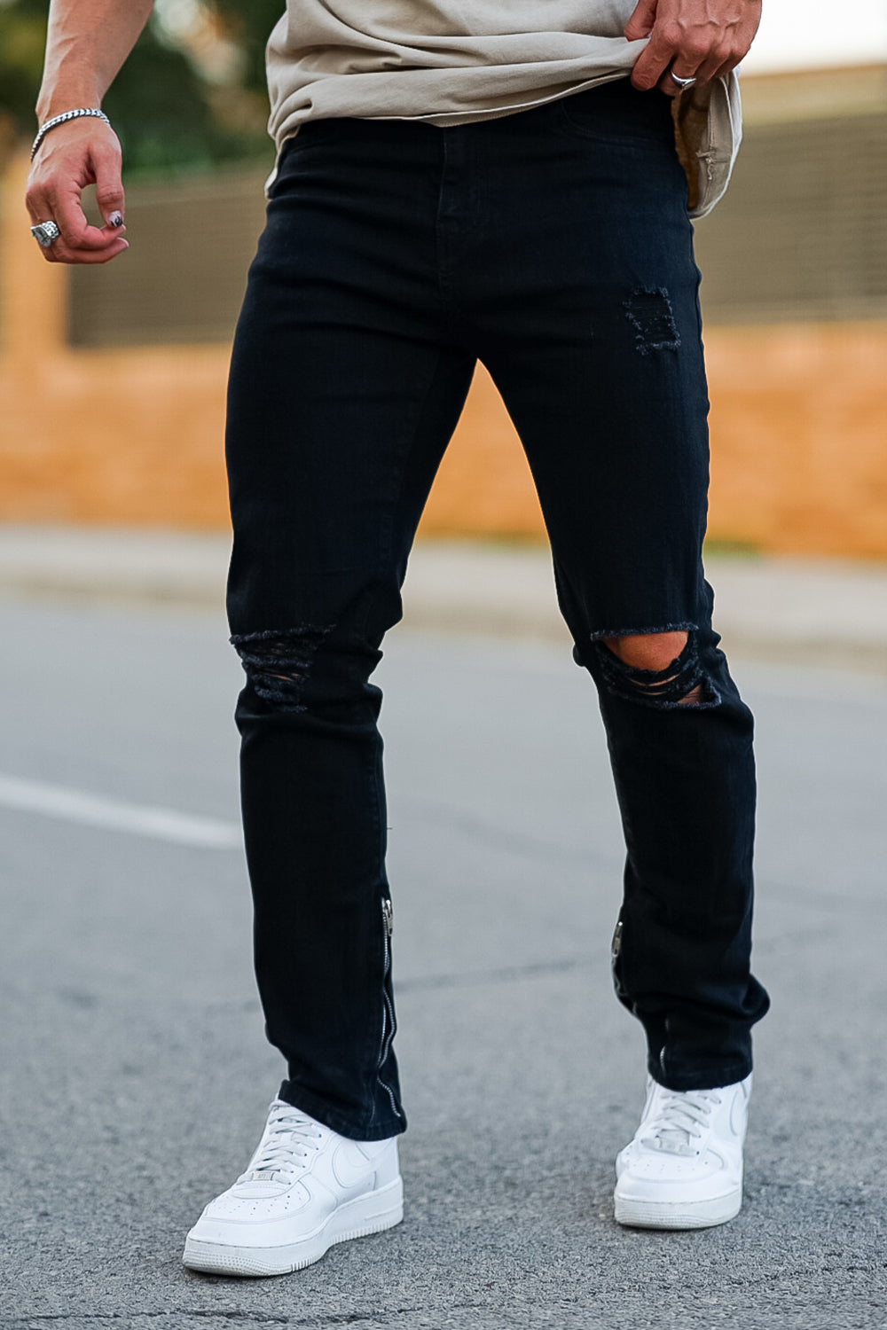 Men‘s Vintage Ripped Zip stacked jeans Stretch Jeans