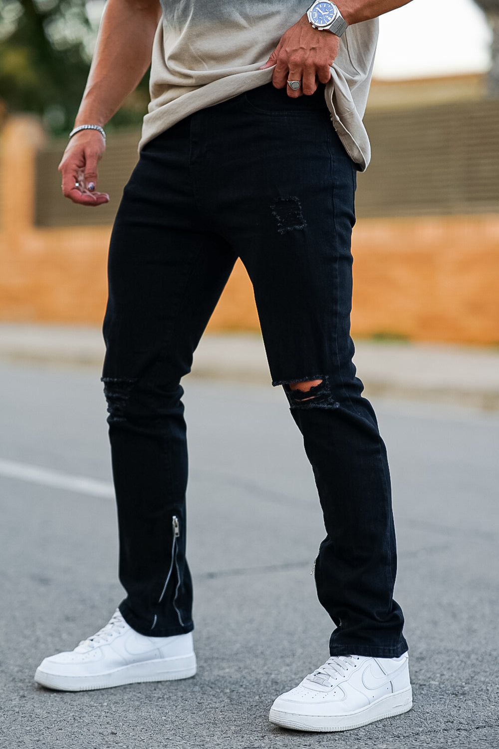Men‘s Vintage Ripped Zip stacked jeans Stretch Jeans