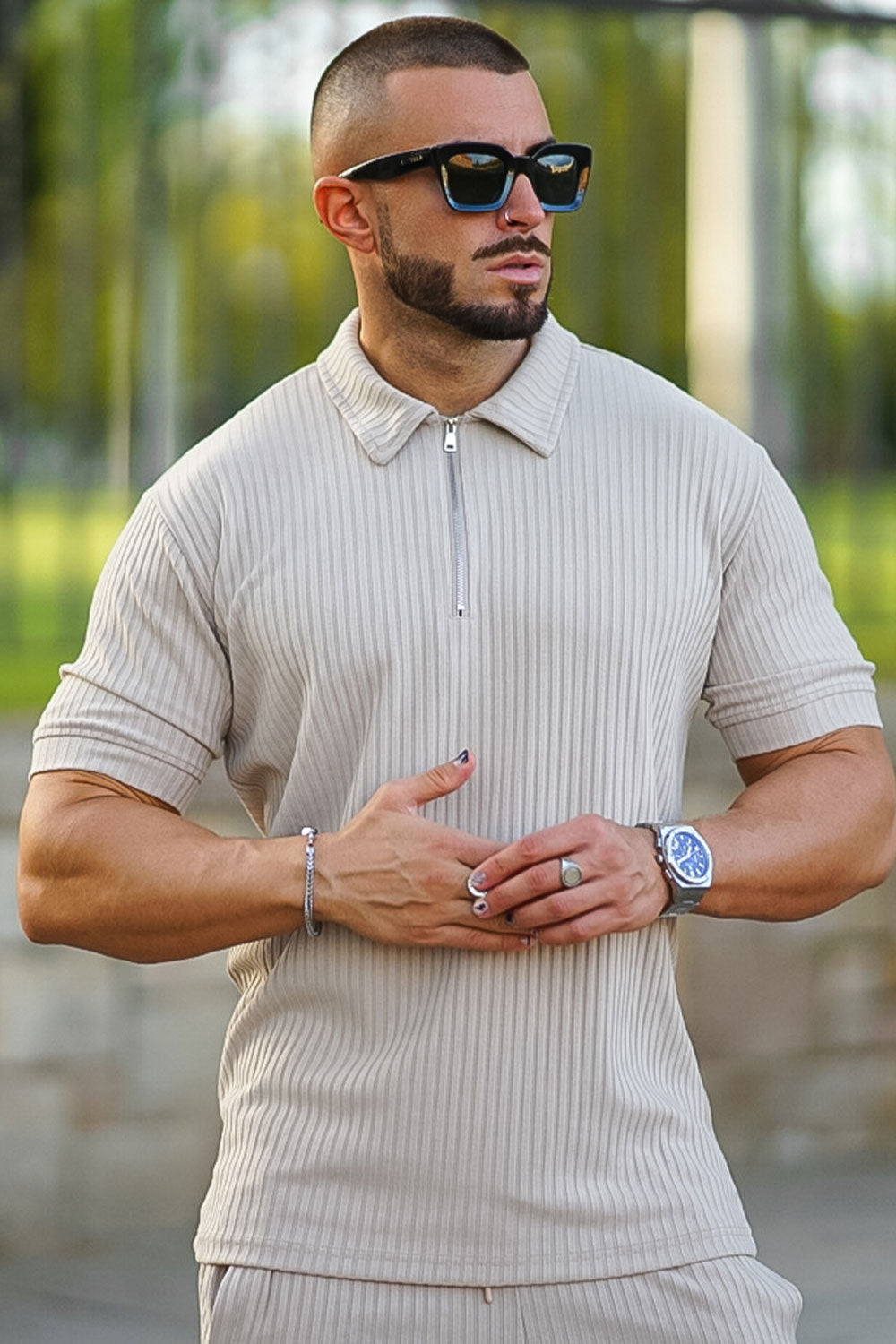 Gingtto Men's Light Brown Tracksuit With Stripe