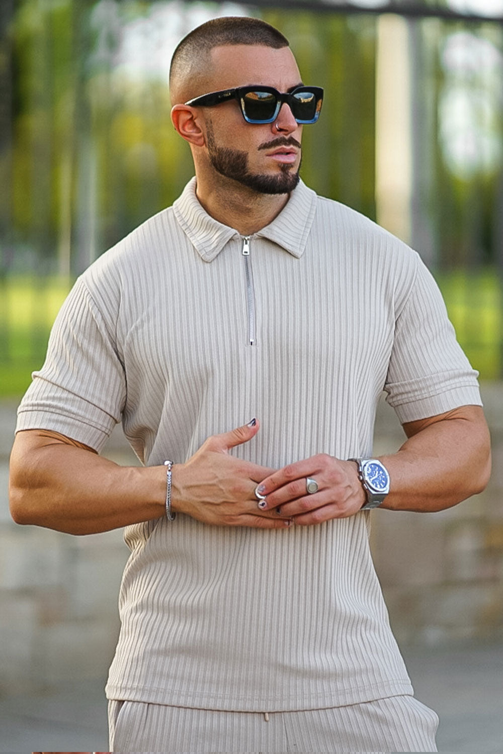Gingtto Men's Light Brown Tracksuit With Stripe