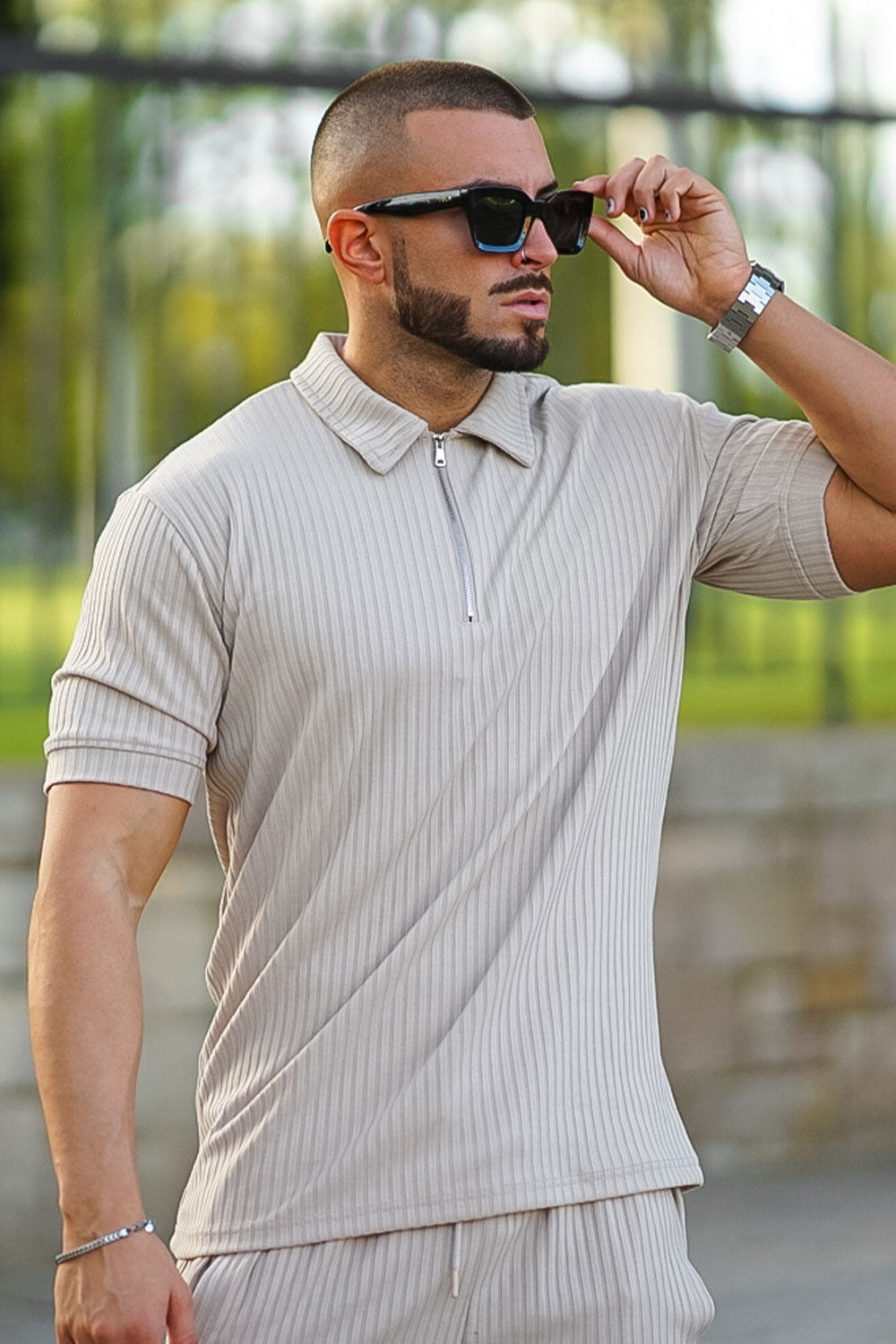 Gingtto Men's Light Brown Tracksuit With Stripe