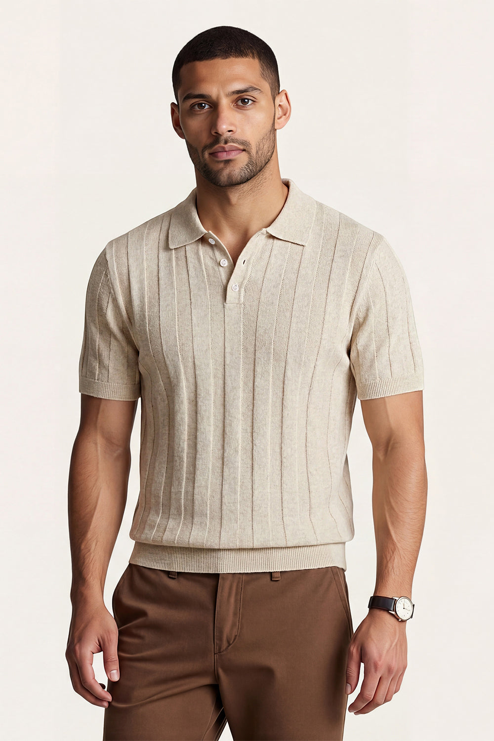 Men's High Quality Knitting Polo Shirt - Light Khaki