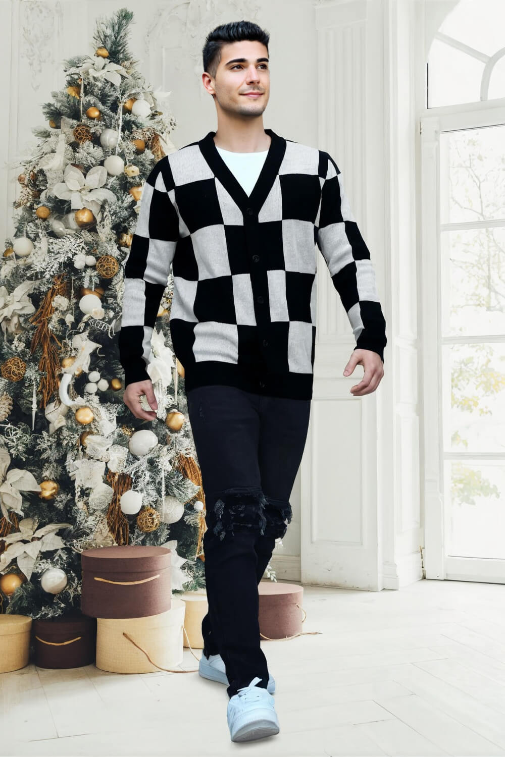 Men's Button Cardigan Sweater - Black & White
