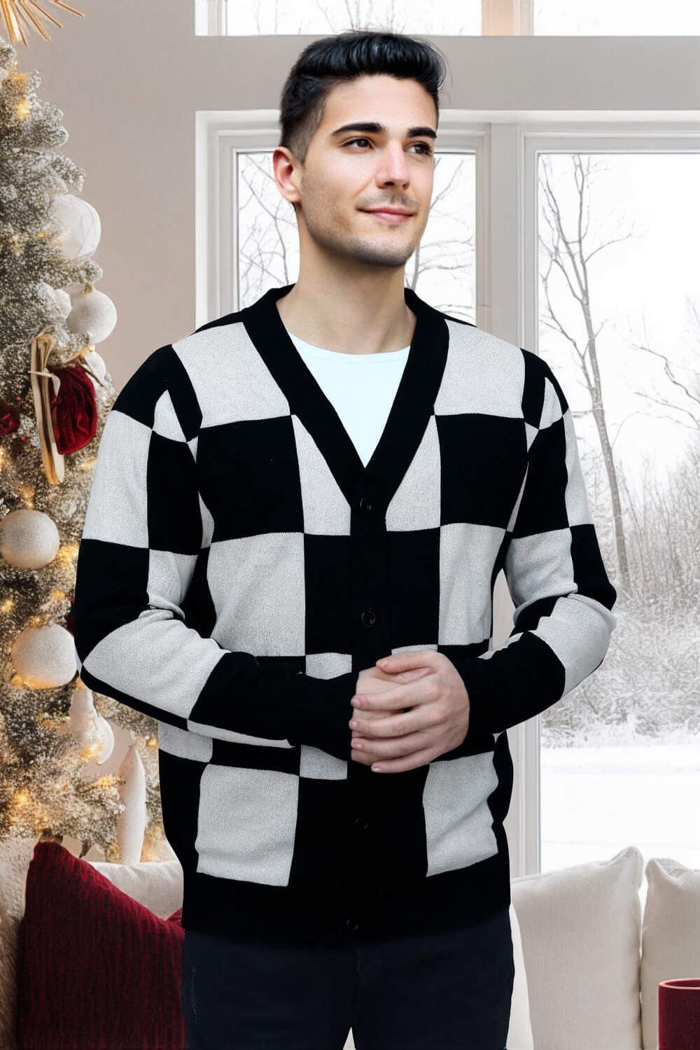 Men's Button Cardigan Sweater - Black & White