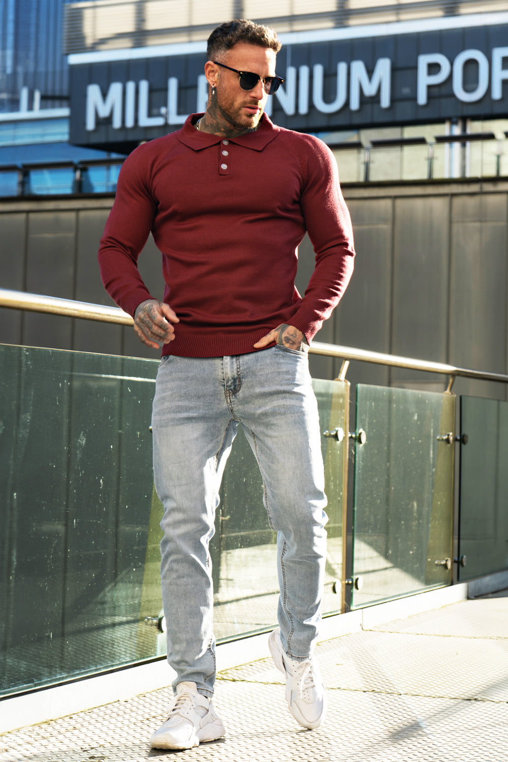 Men's Slim Fit Long Sleeve Polo Shirt - Red