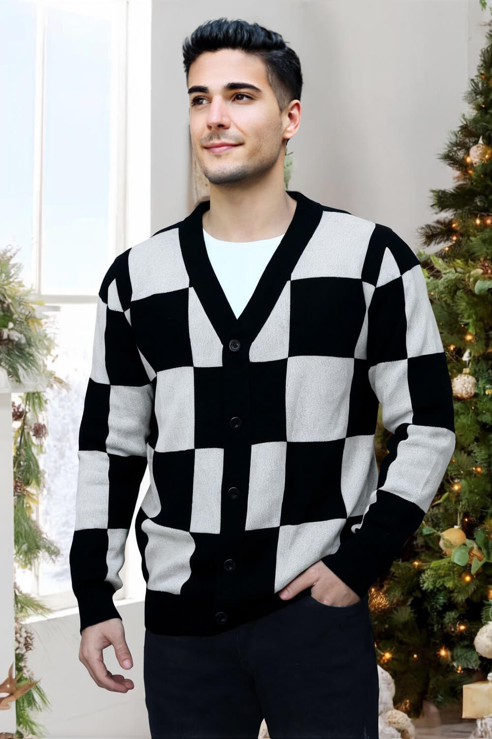 Men's Button Cardigan Sweater - Black & White