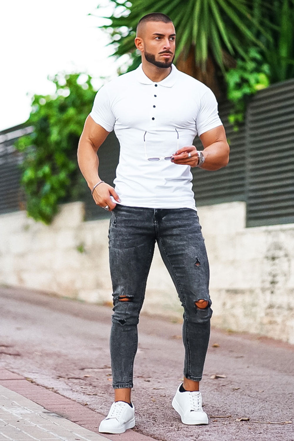 Men High Waisted Ripped Skinny Jeans - Dark Gray
