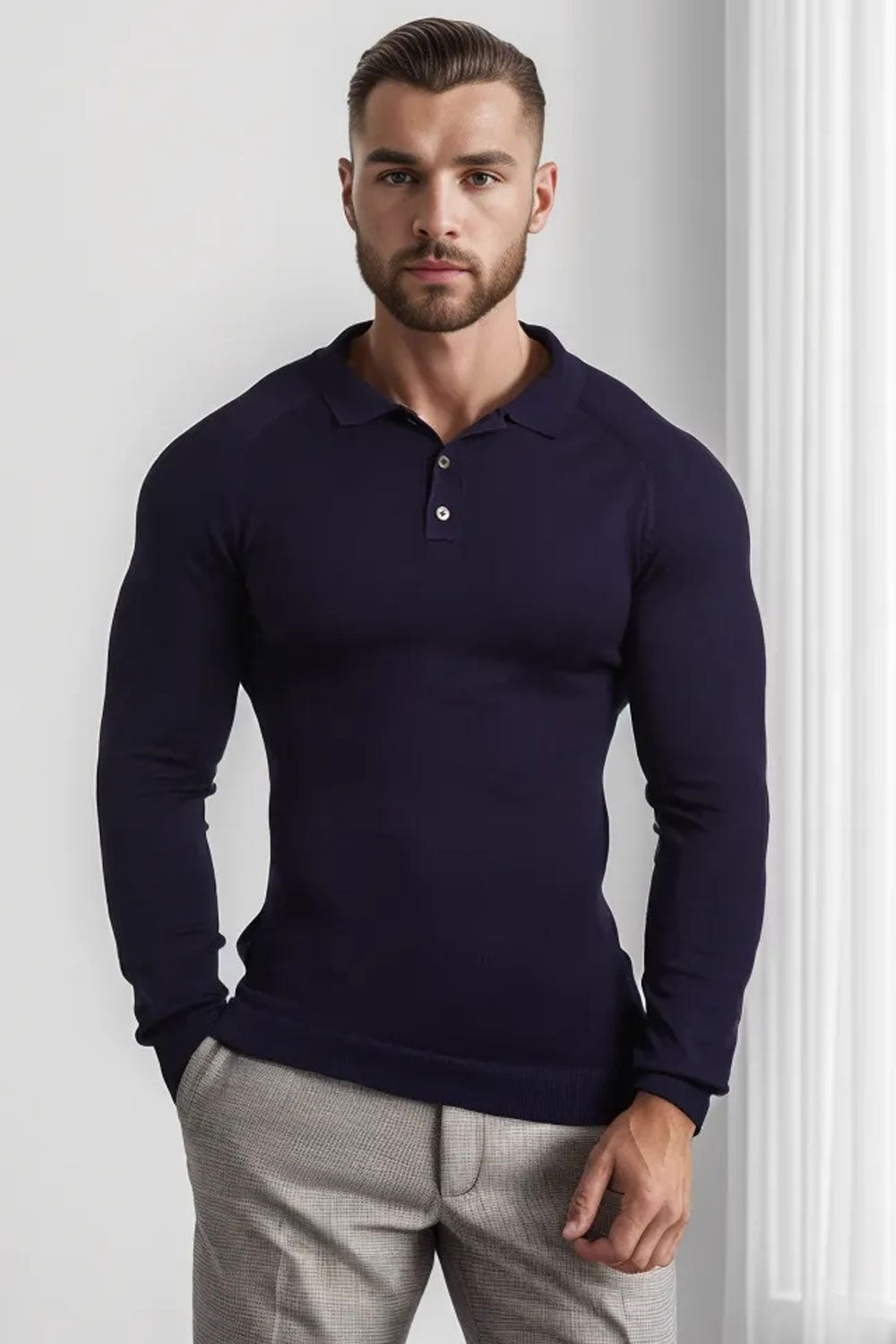 Men's Slim Fit Long Sleeve Polo Shirt - Navy Blue