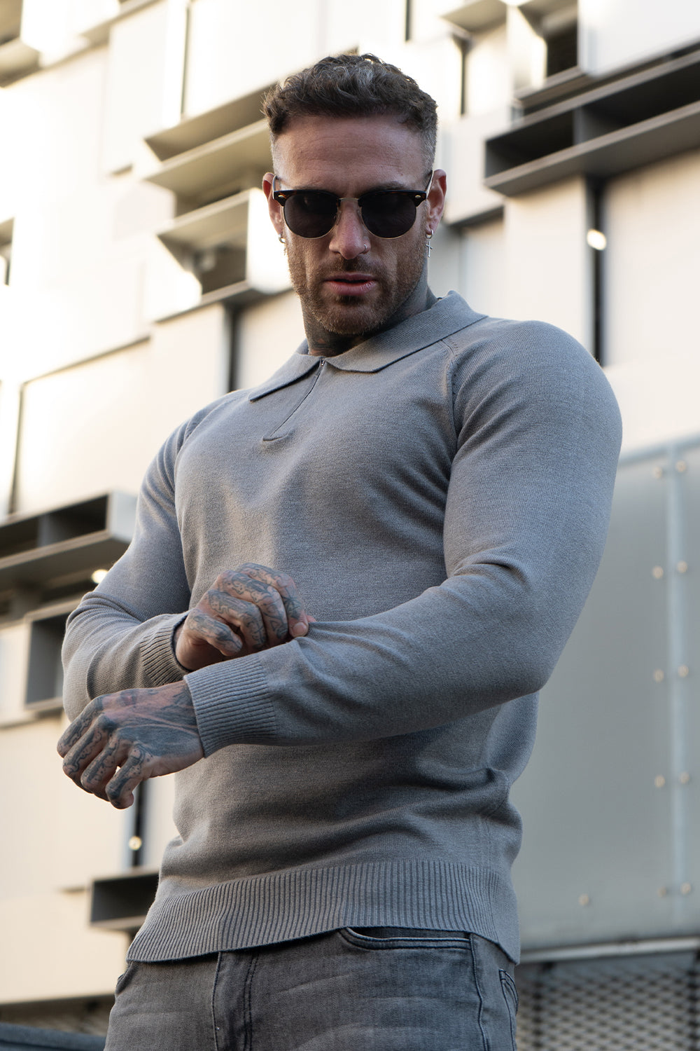Men's Slim Fit Long Sleeve Polo Shirt - Grey