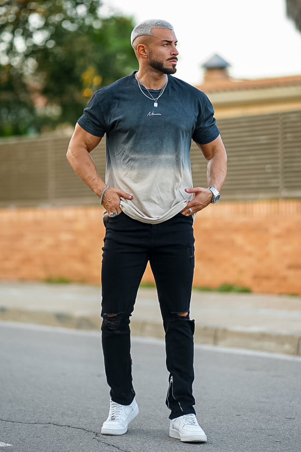 Men‘s Vintage Ripped Zip stacked jeans Stretch Jeans