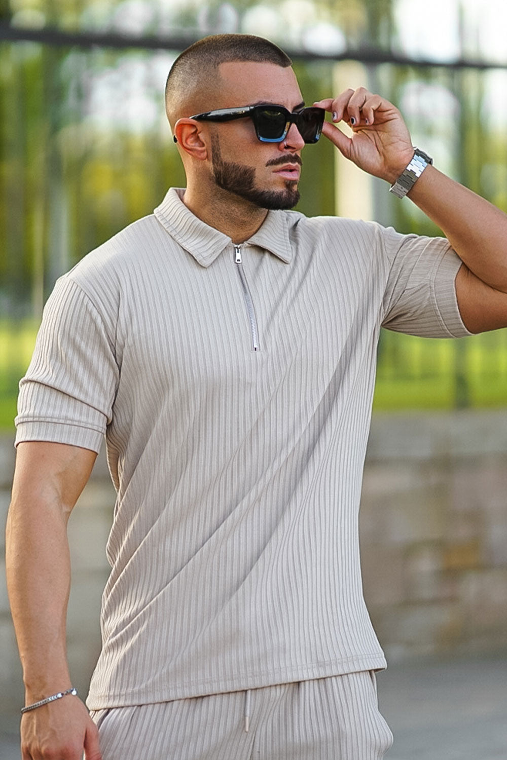 Gingtto Men's Light Brown Tracksuit With Stripe