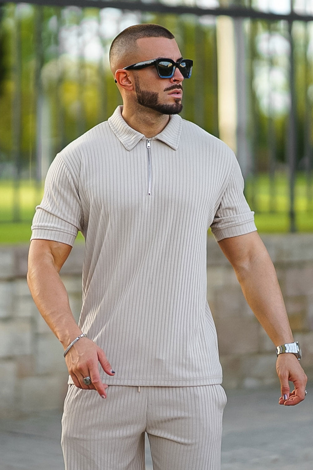 Gingtto Men's Light Brown Tracksuit With Stripe