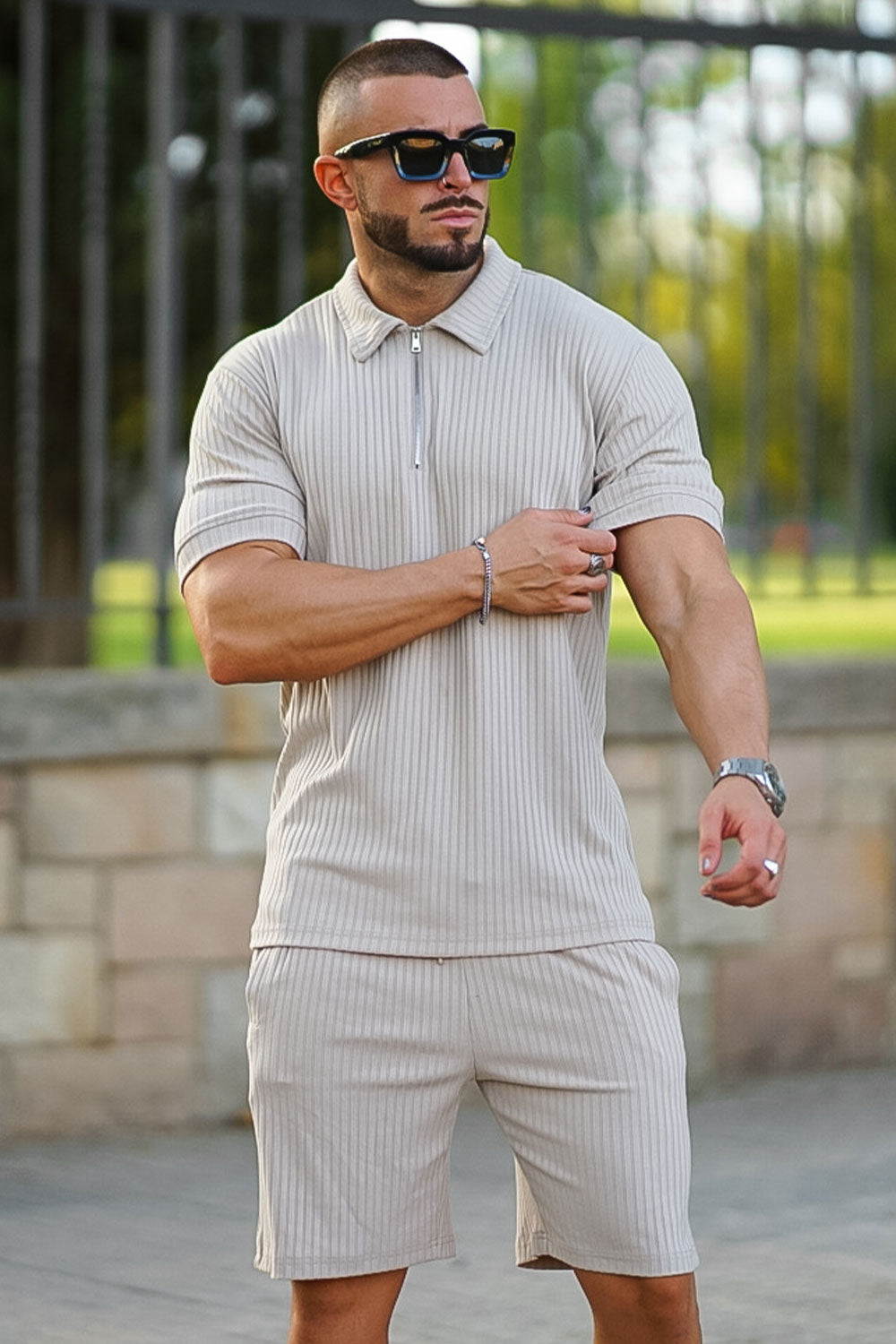 Gingtto Men's Light Brown Tracksuit With Stripe