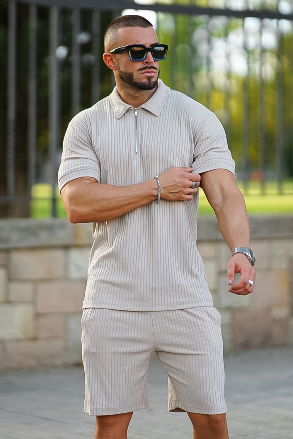 Gingtto Men's Light Brown Tracksuit With Stripe
