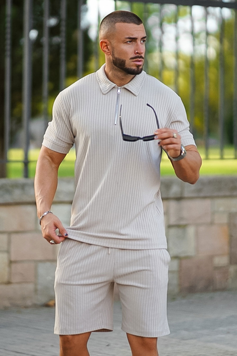 Gingtto Men's Light Brown Tracksuit With Stripe