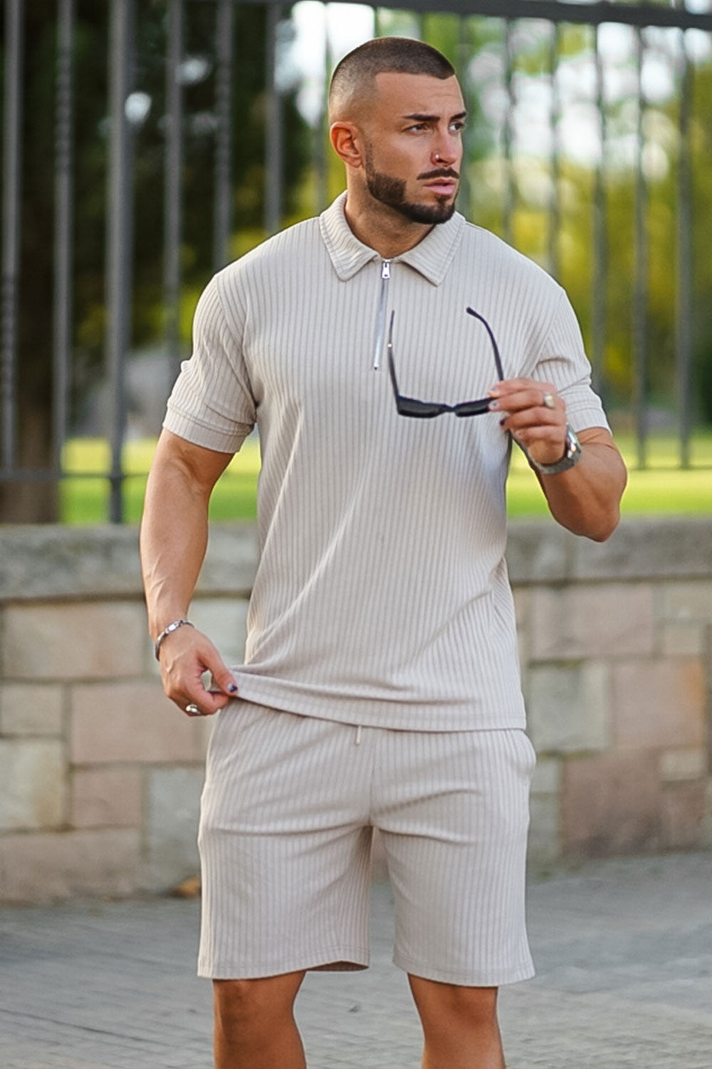 Gingtto Men's Light Brown Tracksuit With Stripe