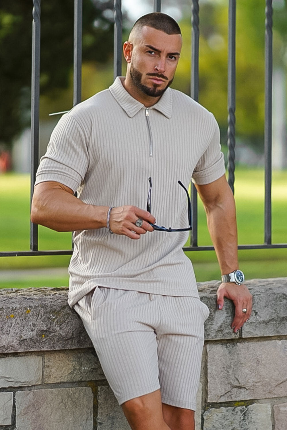 Gingtto Men's Light Brown Tracksuit With Stripe