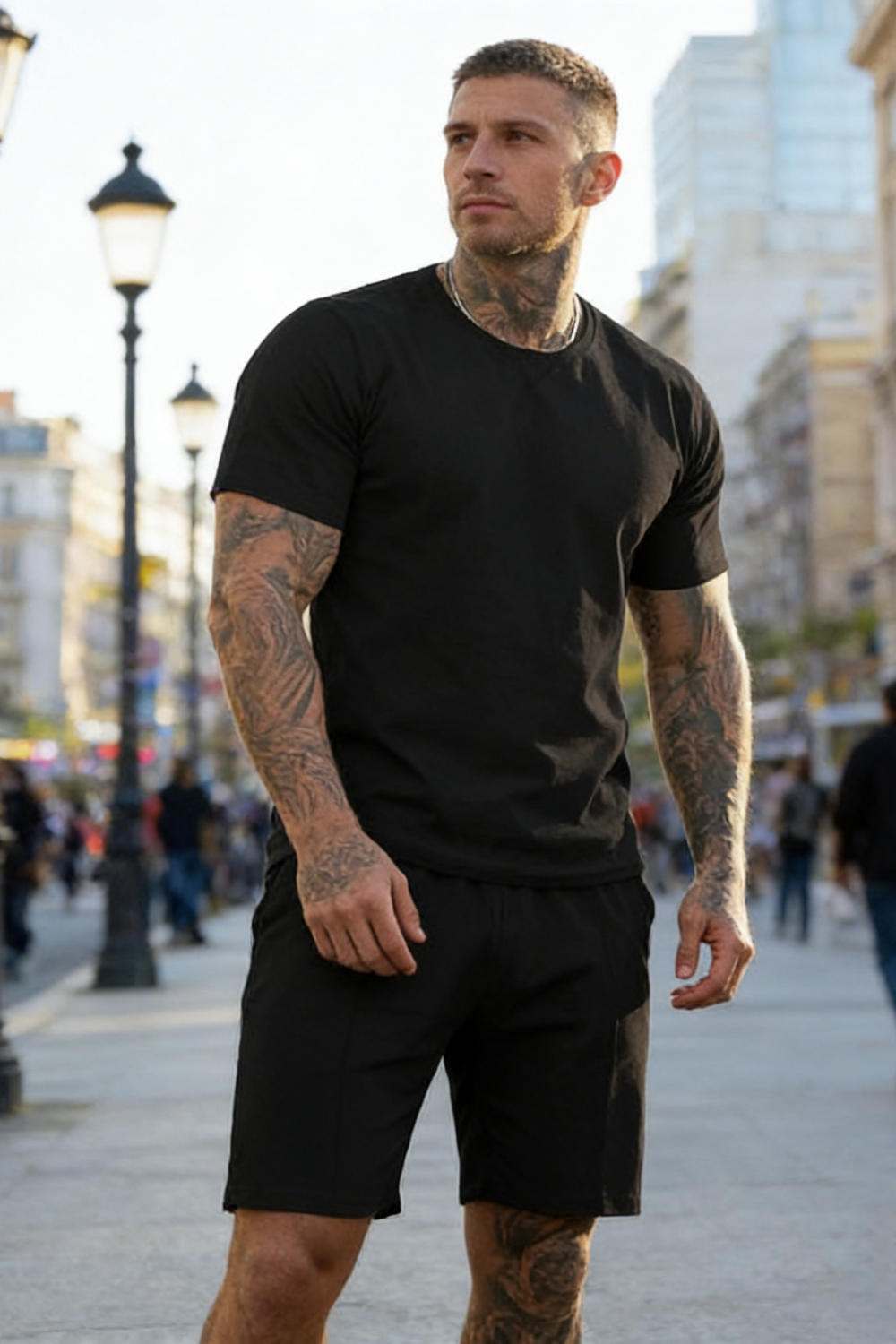 Men's Round Neck Short Sets - Black