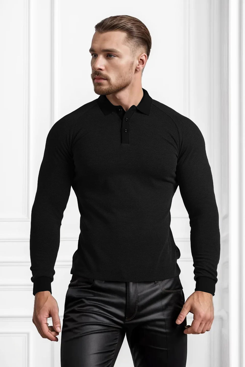 Men's Slim Fit Long Sleeve Polo Shirt - Black