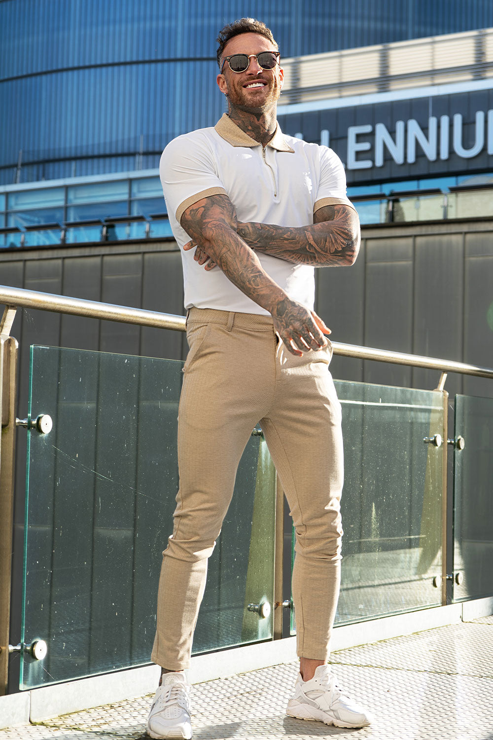 Gingtto High Quality Polo Shirts - White & Khaki