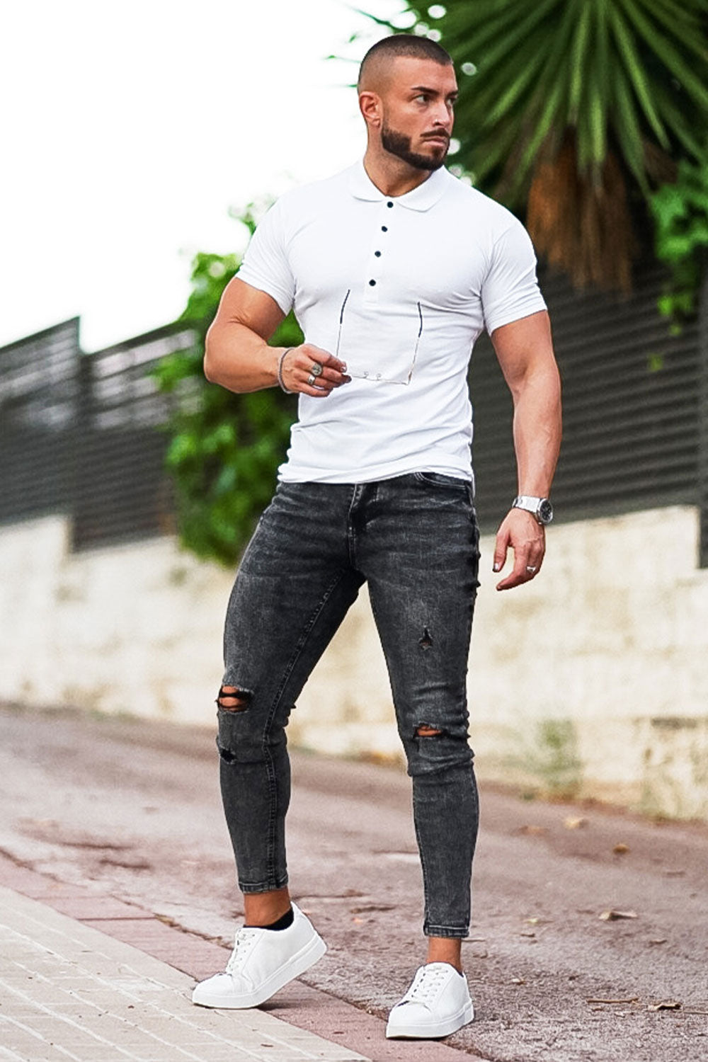 Men High Waisted Ripped Skinny Jeans - Dark Gray
