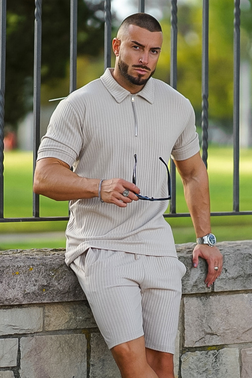 Gingtto Men's Light Brown Tracksuit With Stripe