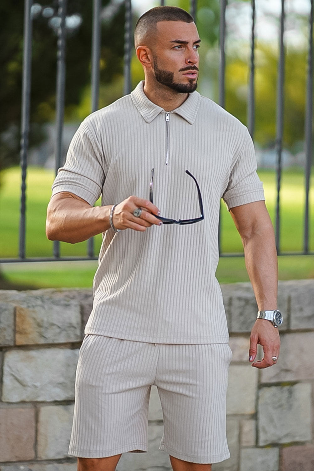 Gingtto Men's Light Brown Tracksuit With Stripe