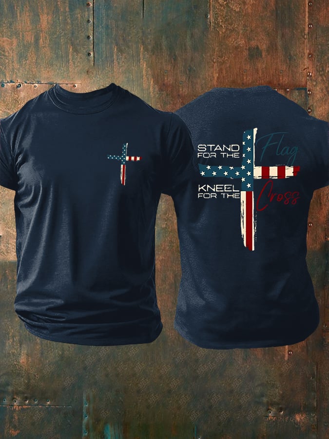 Men's Stand For The Flag Kneel For The Cross Casual Printed T-Shirt