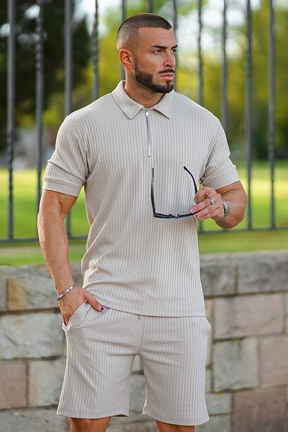 Gingtto Men's Light Brown Tracksuit With Stripe
