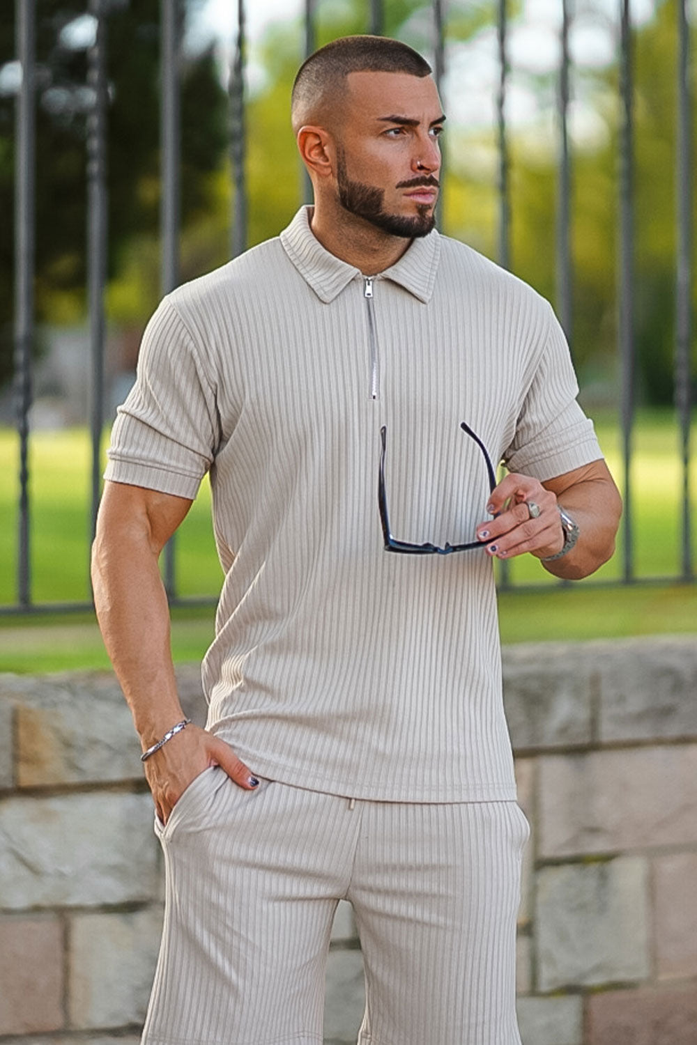 Gingtto Men's Light Brown Tracksuit With Stripe