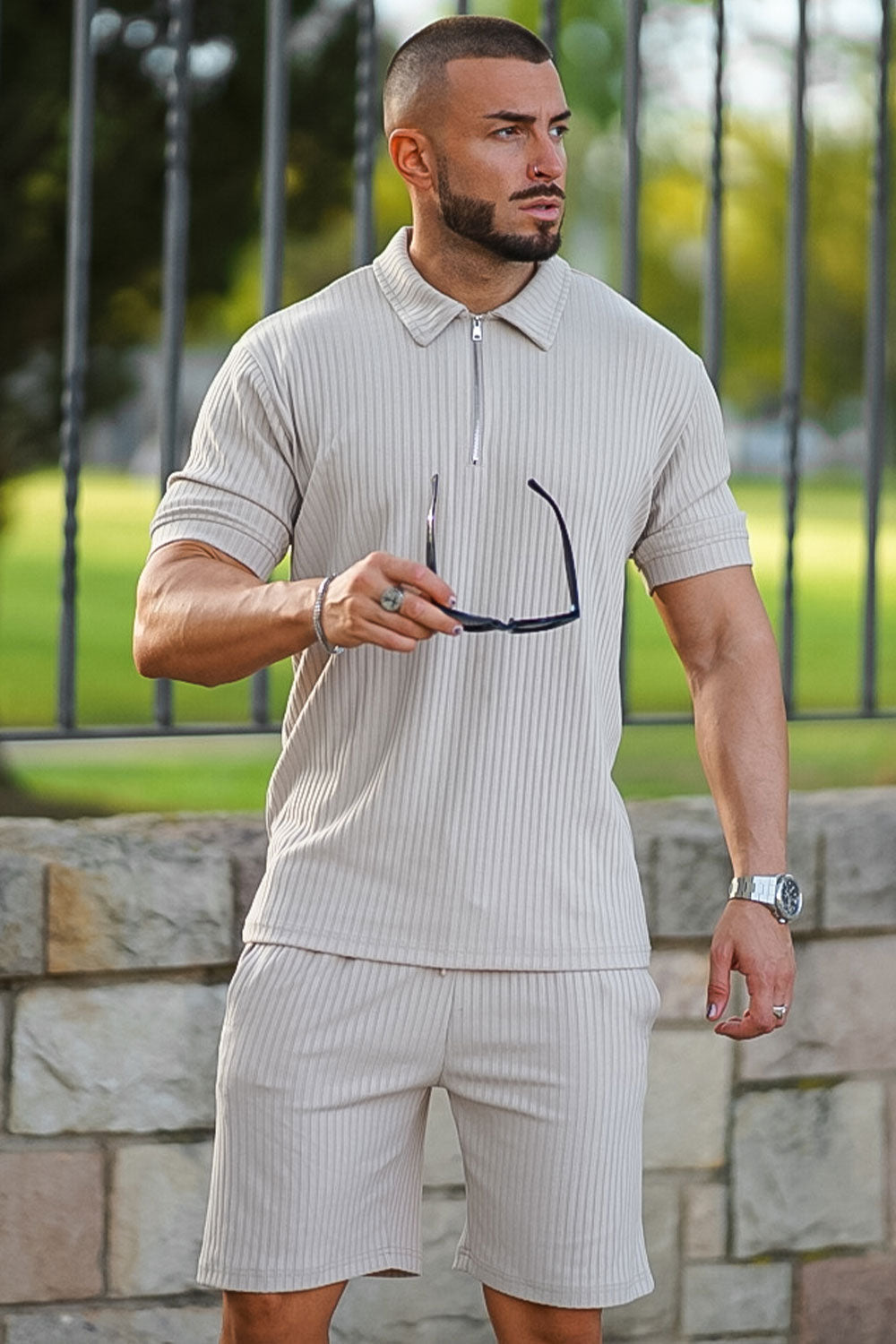 Gingtto Men's Light Brown Tracksuit With Stripe