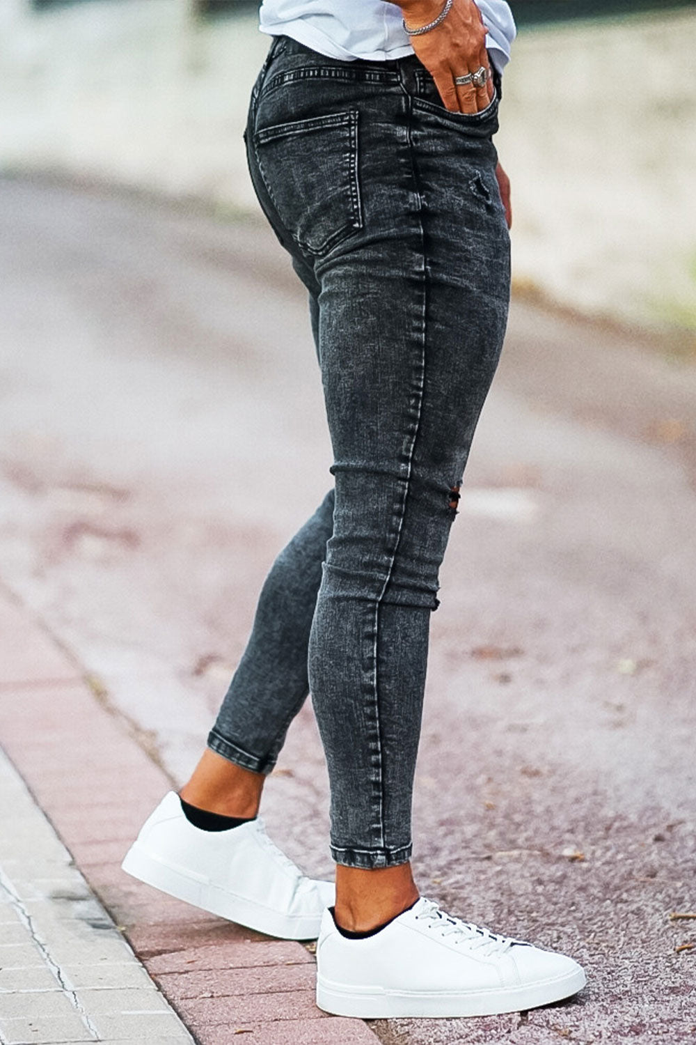 Men High Waisted Ripped Skinny Jeans - Dark Gray