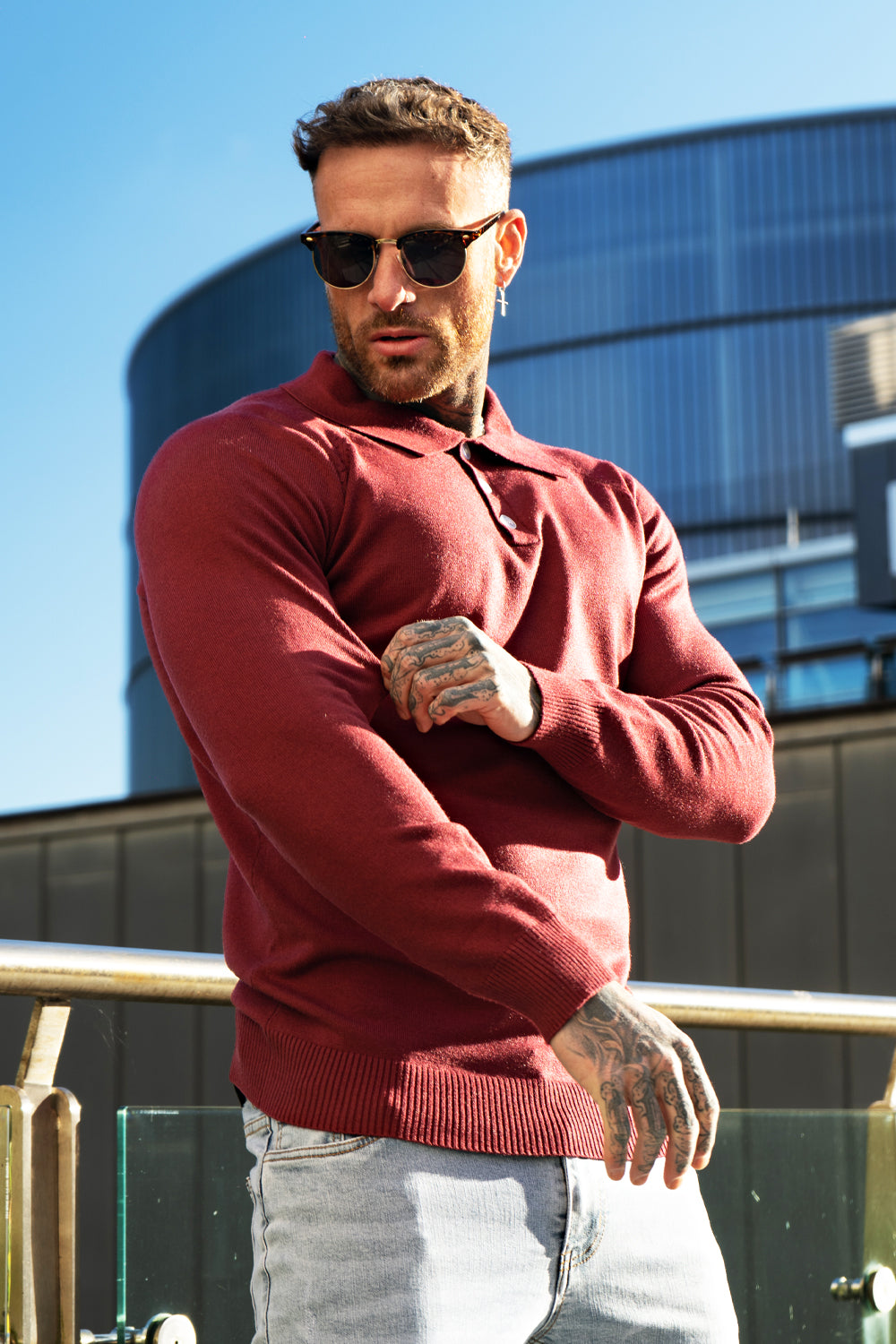 Men's Slim Fit Long Sleeve Polo Shirt - Red